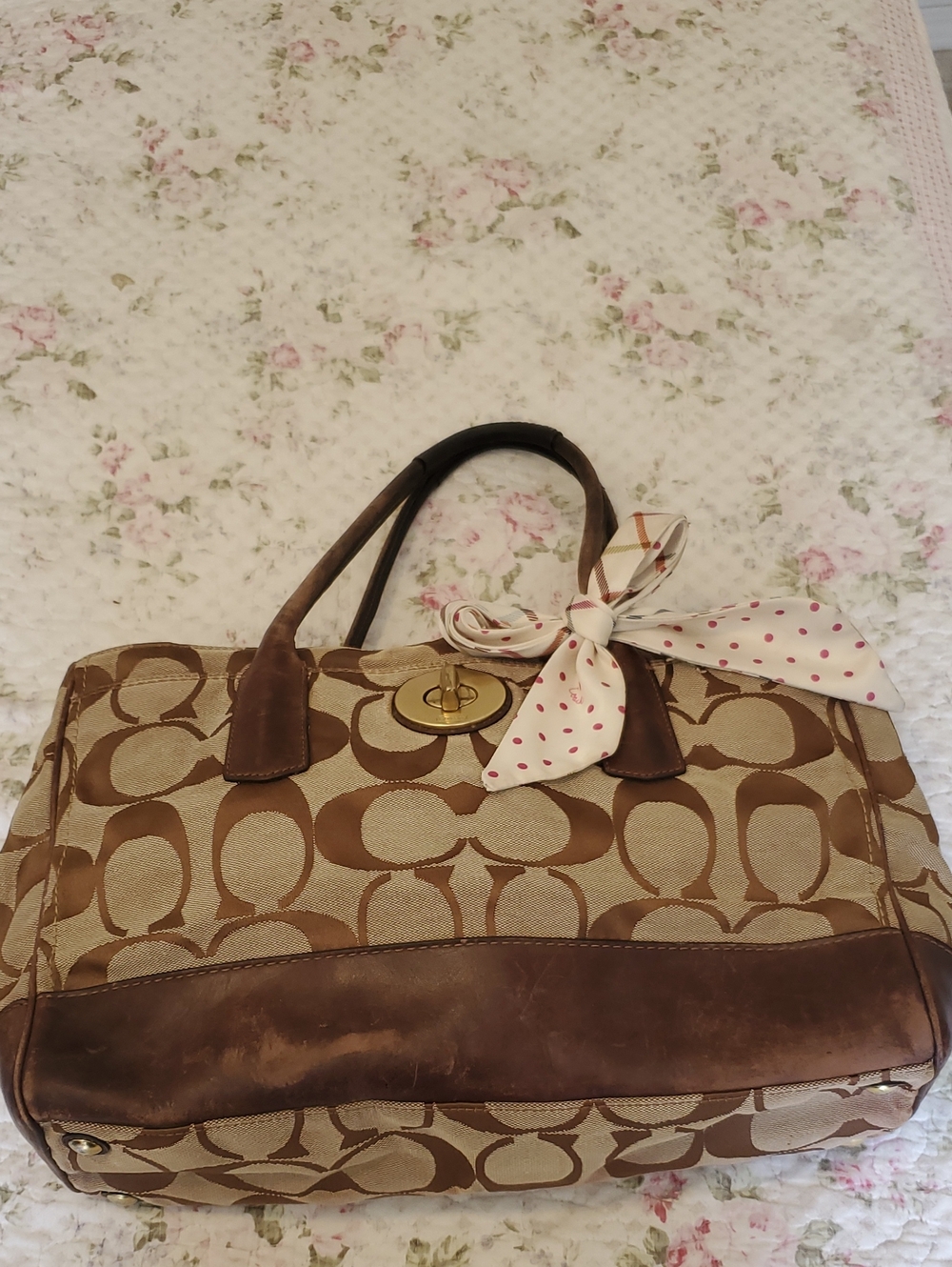 Coach Brown and Tan Signature Shoulder Tote with Polka Dot Scarf